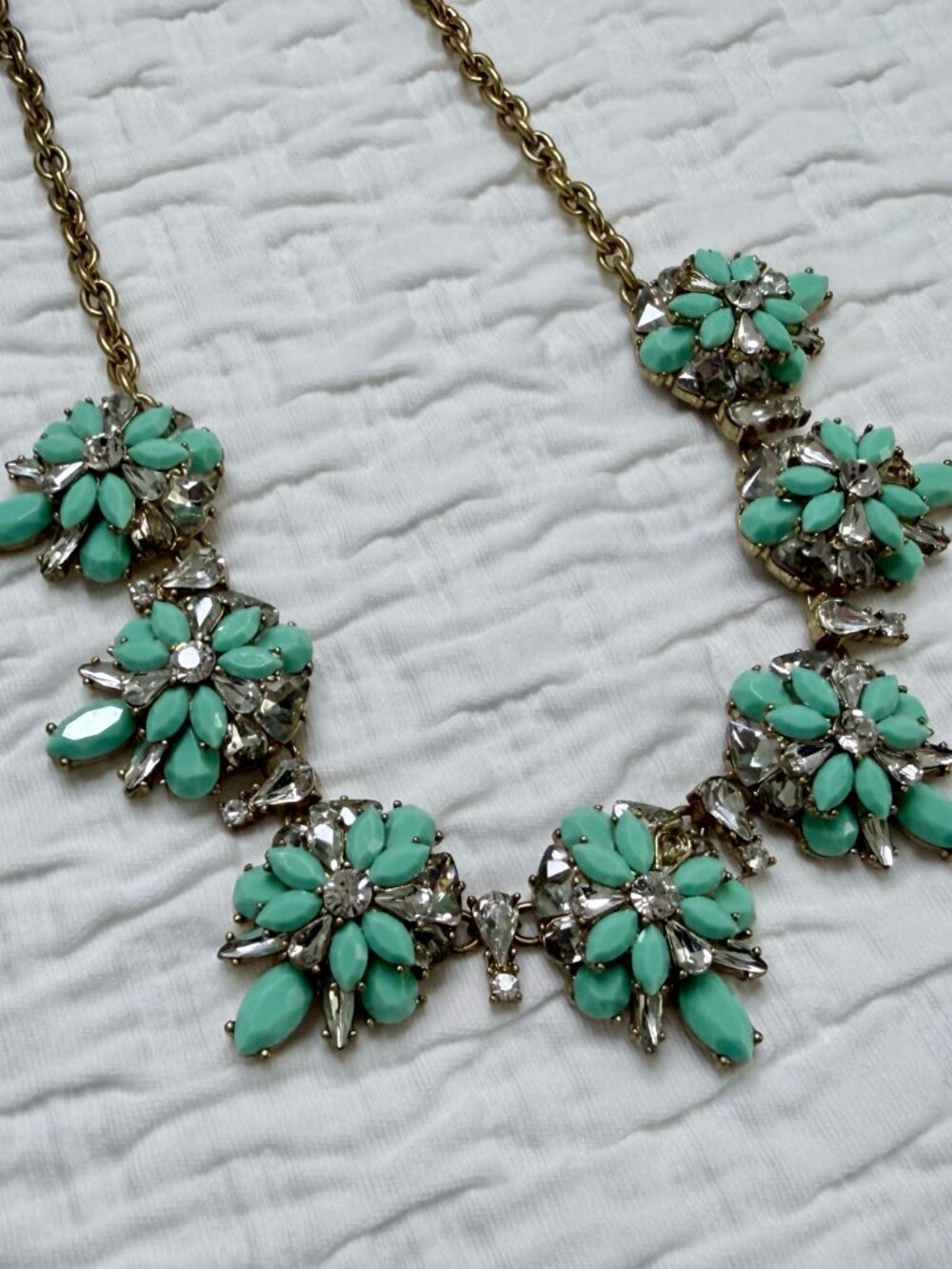 J. Crew Necklace Turquoise Color + Rhinestone Flowers Clear Crystals Costume